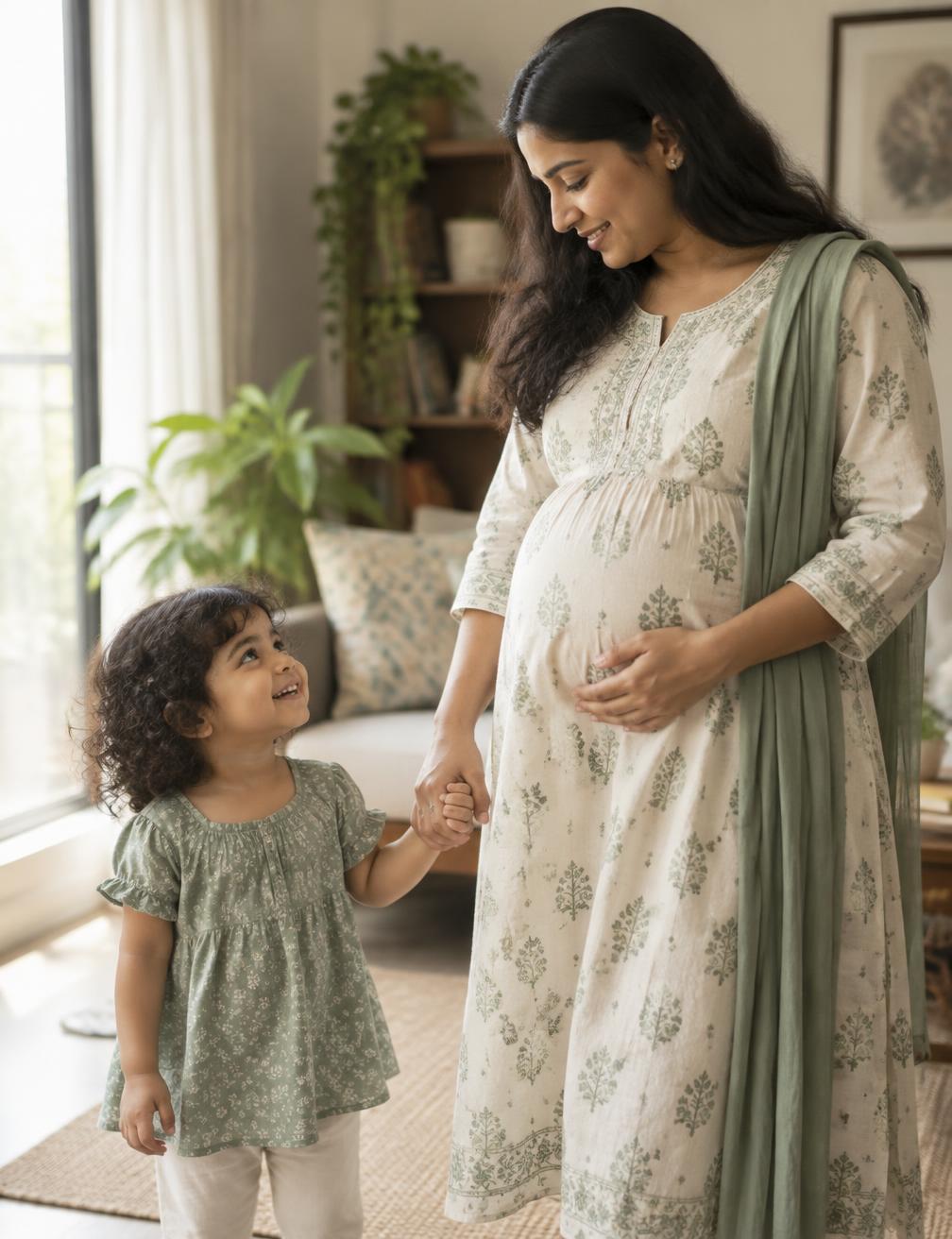 A pregnant woman holding the hand of her toddler in soft natural light